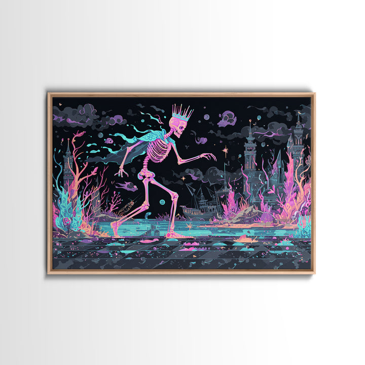 The Salt King Of The Black Shore, Cute Spooky Neon Art, Landscape Wall Art, Canvas Print, Retro Halloween Decor, Neon Wall Art