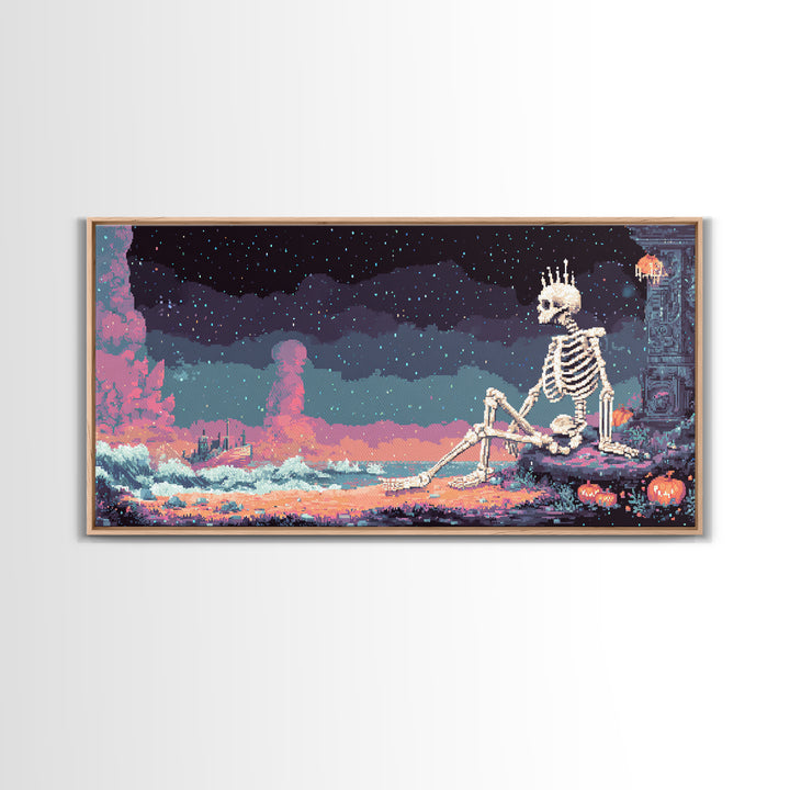 The Salt King Of The Black Shore, Vaporwave Halloween Decor, Wide Panoramic Art, Canvas Print, Retro Halloween Decor, Neon Wall Art