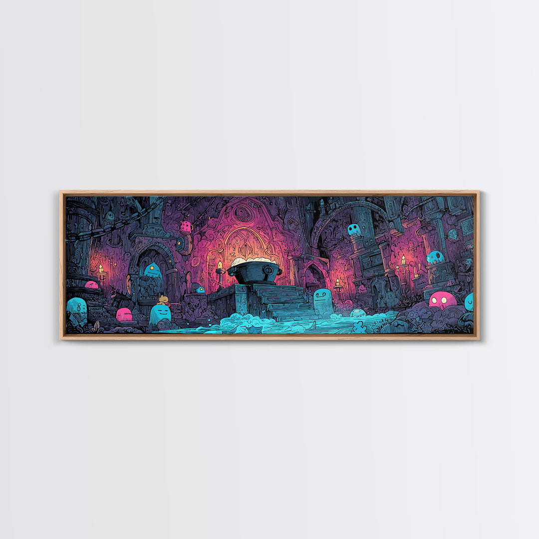 The Dreamwell Beneath Miskatonic, 80s Halloween Wall Art, Extra Wide Wall Art, Canvas Print, Retro Halloween Decor, Neon Wall Art