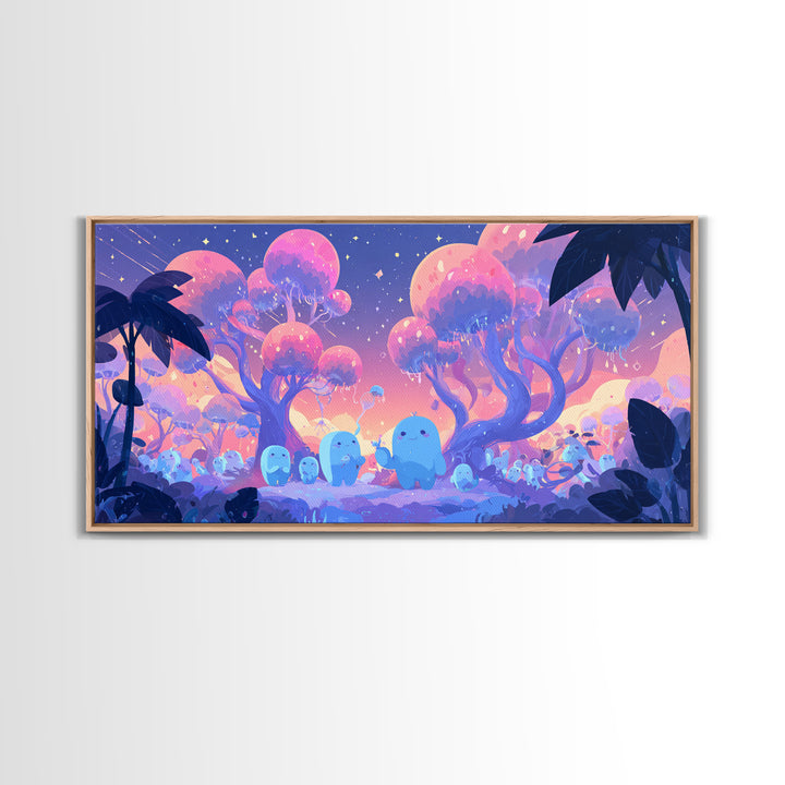 The Children Of The Star Orchard, Vaporwave Halloween Decor, Wide Panoramic Art, Framed Canvas Print, Retro Halloween Decor, Neon Wall Art