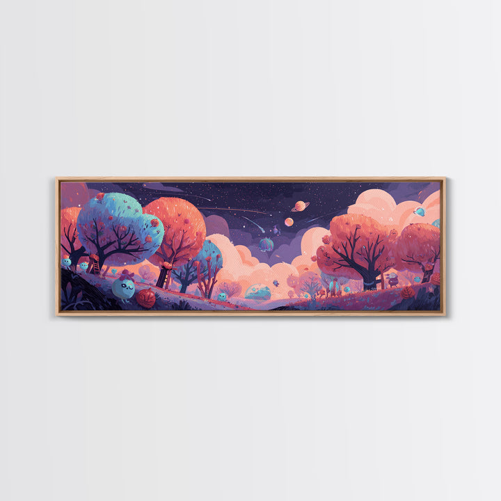 The Children Of The Star Orchard, Cosmic Synthwave Horror, Extra Wide Wall Art, Framed Canvas Print, Retro Halloween Decor, Neon Wall Art