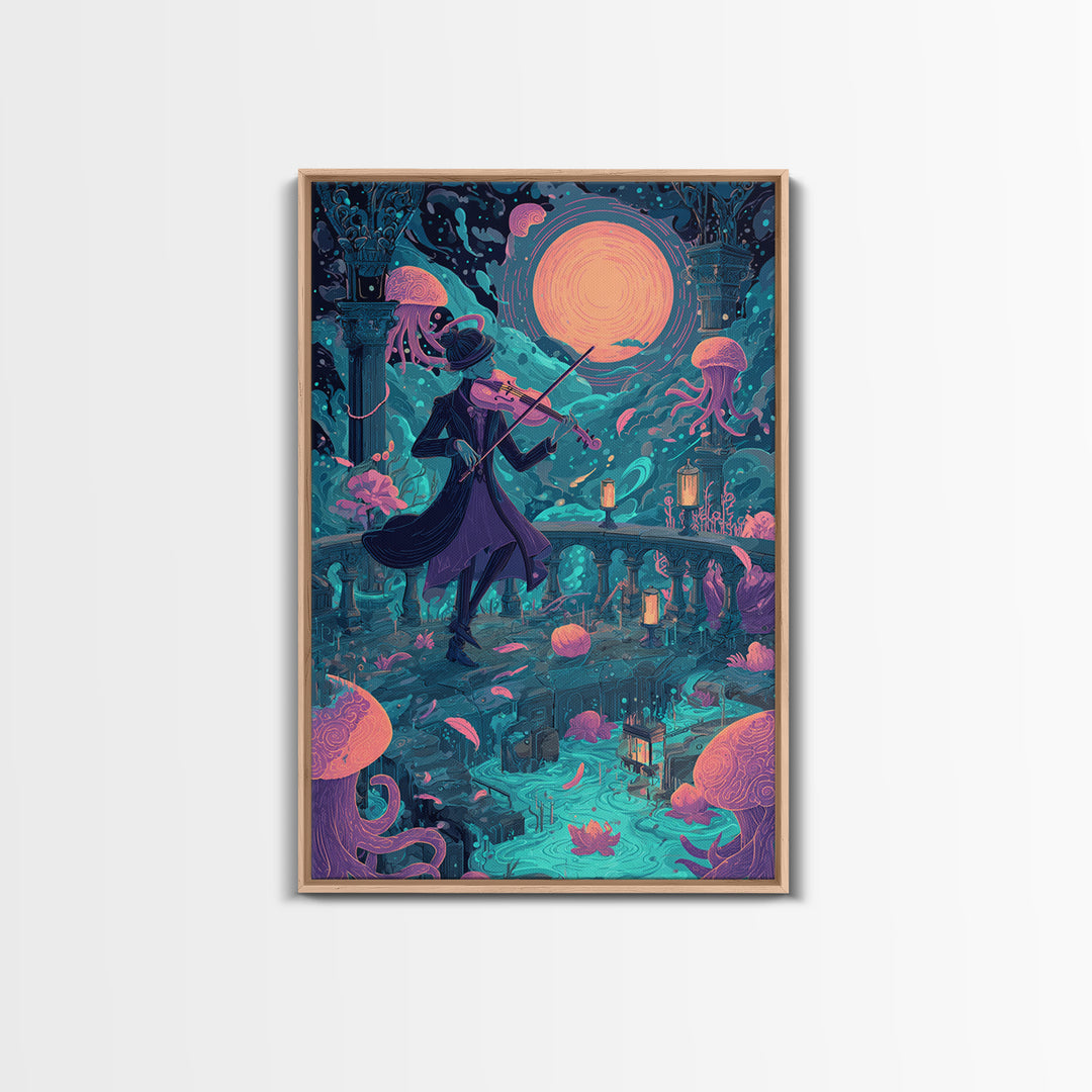 The Violinist Of The Drowned Moon, Retro Neon Halloween Art, Vertical Wall Art, Canvas Print, Retro Halloween Decor, Neon Wall Art
