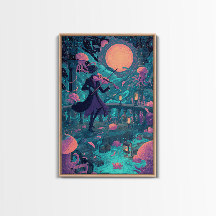 The Violinist Of The Drowned Moon, Retro Neon Halloween Art, Vertical Wall Art, Canvas Print, Retro Halloween Decor, Neon Wall Art