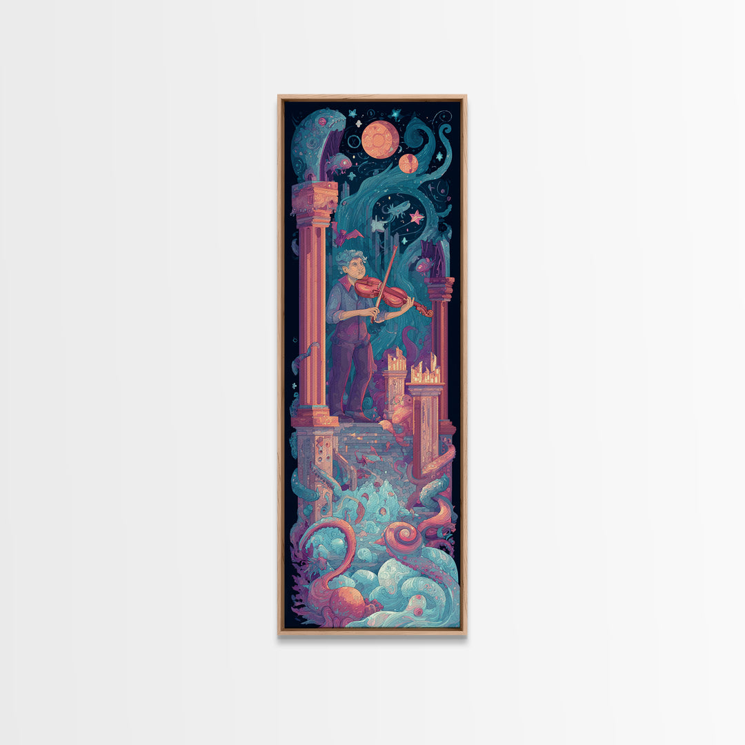 The Violinist Of The Drowned Moon, Synthwave Halloween Art, Tall Narrow Wall Art, Canvas Print, Retro Halloween Decor, Neon Wall Art