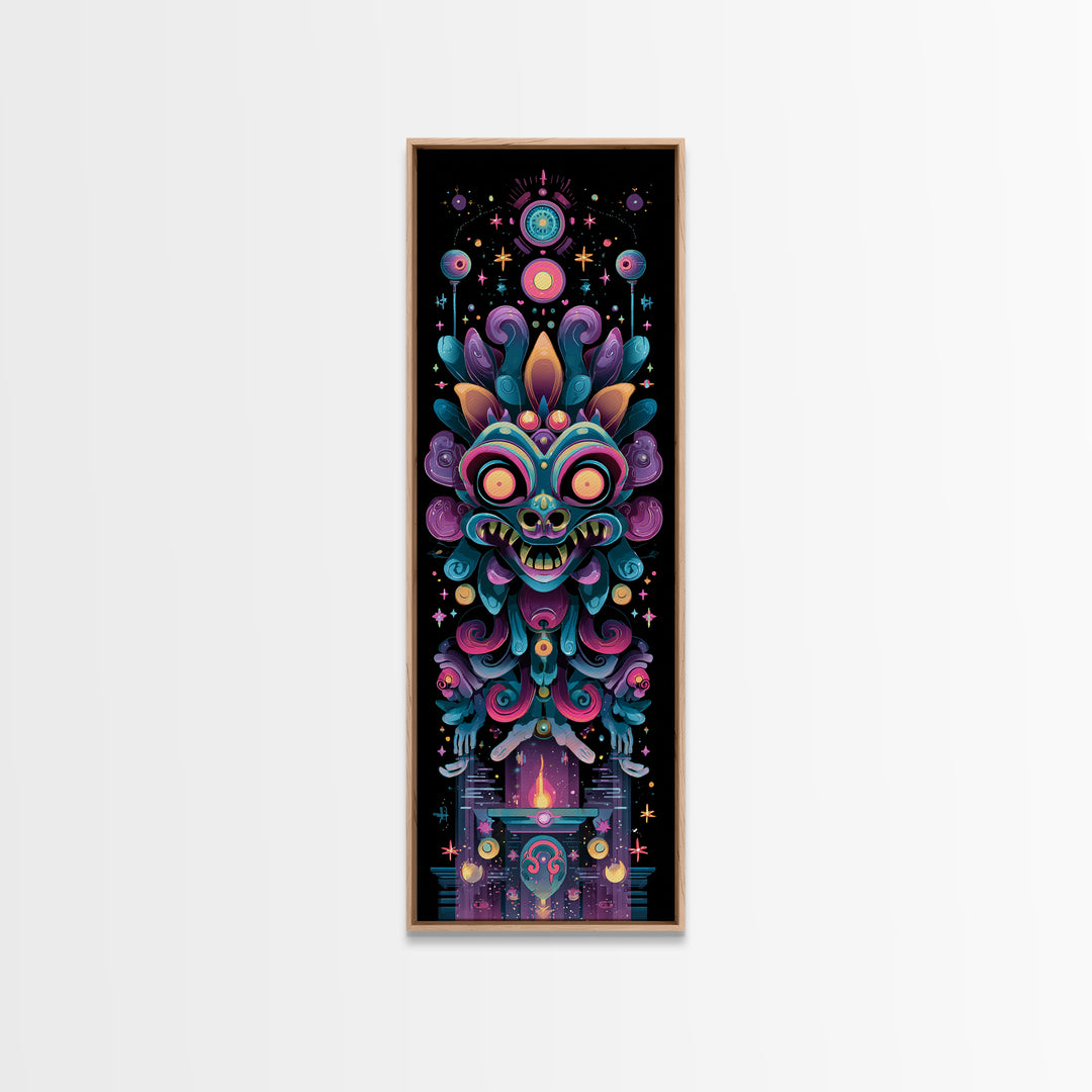 The Mask Of The Crawling God, Synthwave Halloween Art, Tall Narrow Wall Art, Framed Canvas Print, Retro Halloween Decor, Neon Wall Art