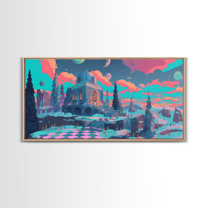 The Candelit Ark Of Forgotten Stars, Cosmic Synthwave Horror, Wide Panoramic Art, Framed Canvas Print, Retro Halloween Decor, Neon Wall Art