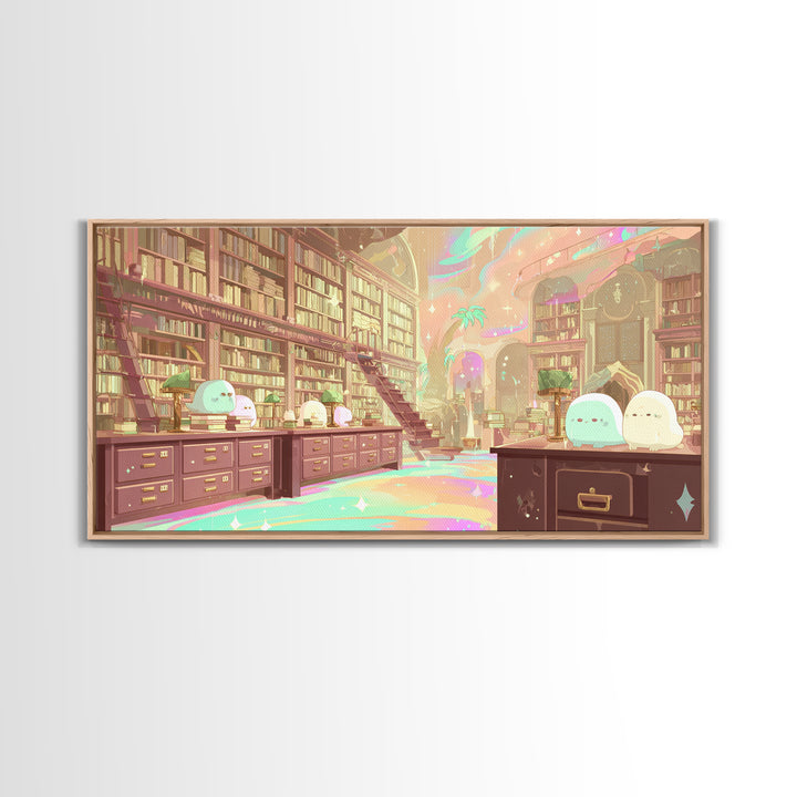 The Archivist Of Dreaming Bones, Cosmic Synthwave Horror, Wide Panoramic Art, Framed Canvas Print, Retro Halloween Decor, Neon Wall Art