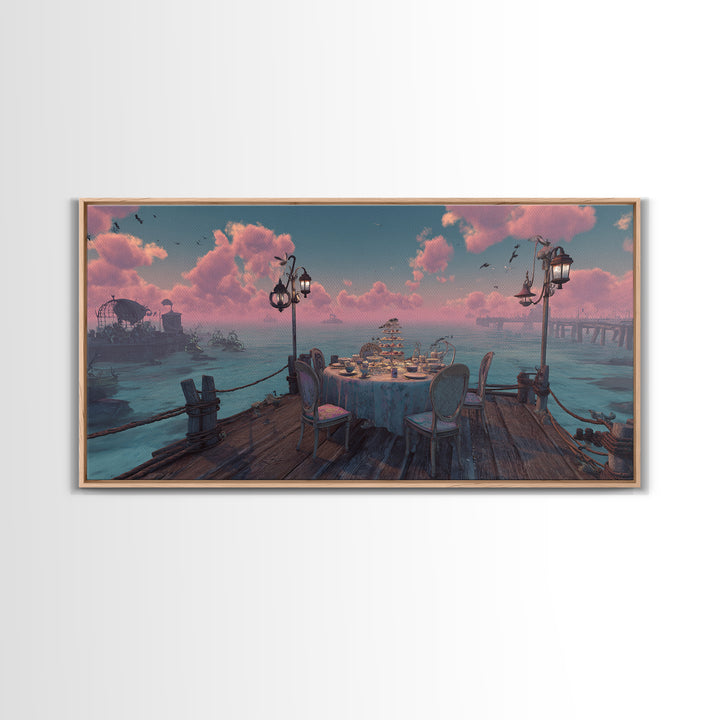 The Tea Party At Innsmouth Pier, Cute Eldritch Neon Art, Wide Panoramic Art, Canvas Print, Retro Halloween Decor, Neon Wall Art