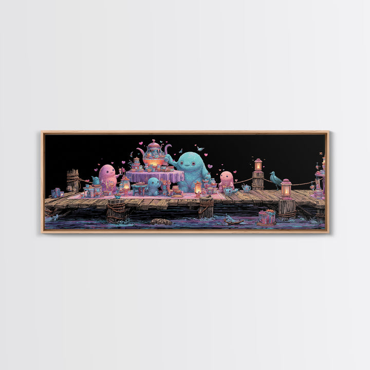 The Tea Party At Innsmouth Pier, Cute Eldritch Neon Art, Extra Wide Wall Art, Canvas Print, Retro Halloween Decor, Neon Wall Art
