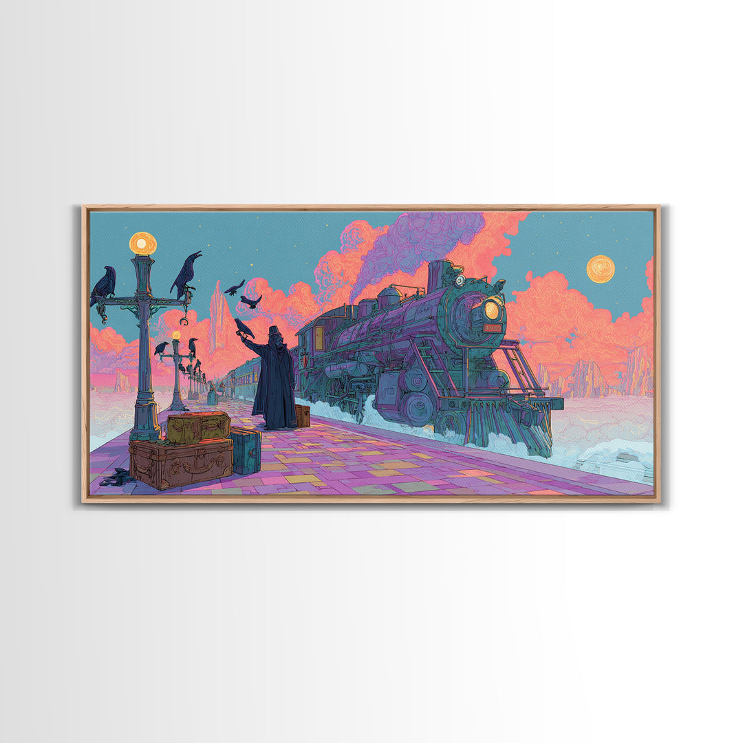 The Phantom Train To Kadath, Cute Spooky Neon Art, Wide Panoramic Art, Framed Canvas Print, Retro Halloween Decor, Neon Wall Art