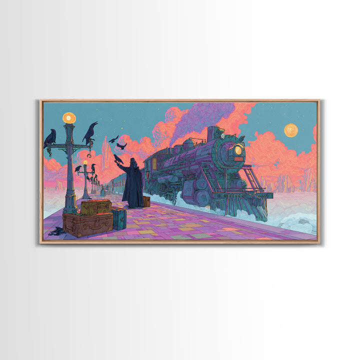 The Phantom Train To Kadath, Cute Spooky Neon Art, Wide Panoramic Art, Framed Canvas Print, Retro Halloween Decor, Neon Wall Art