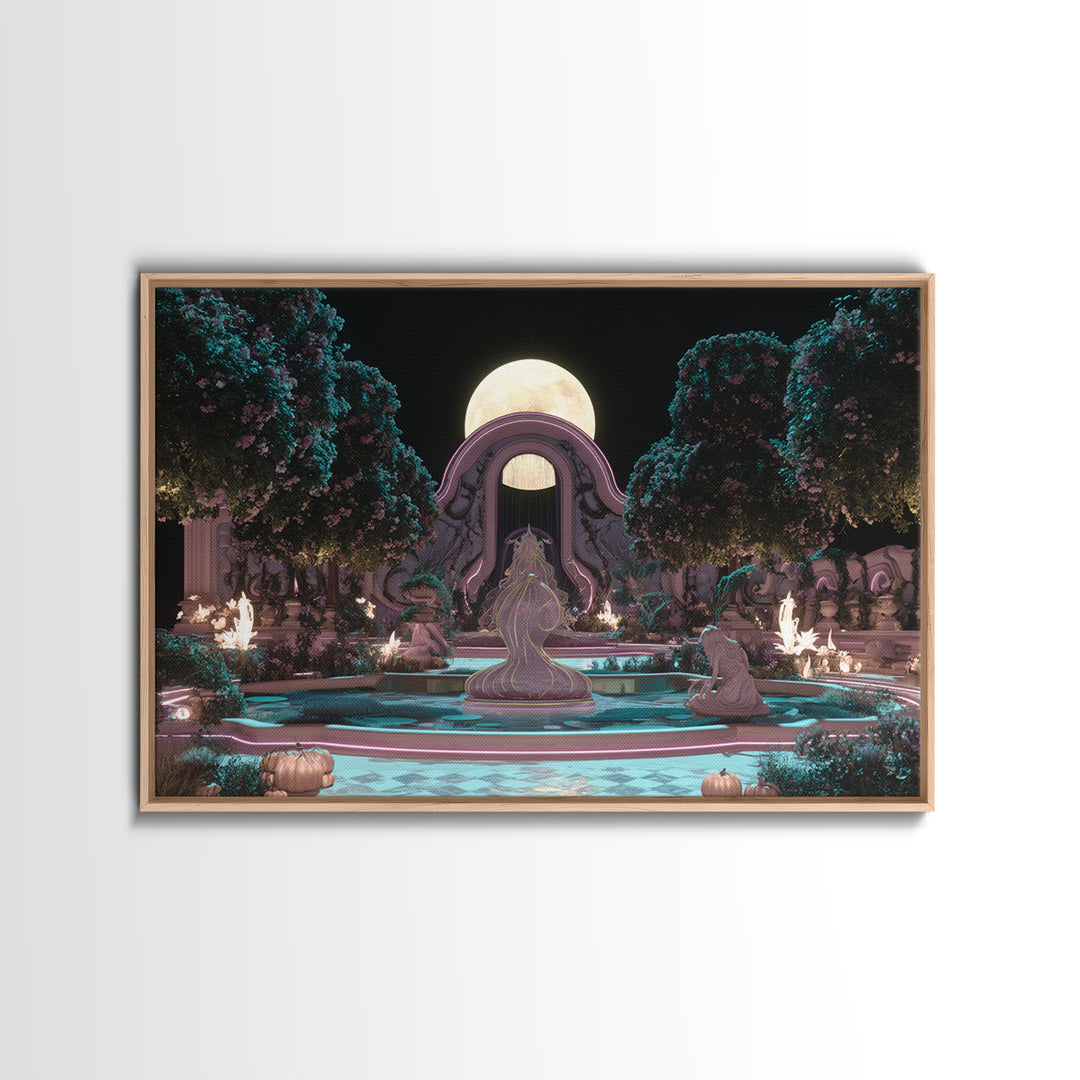 The Garden Of The Eyeless Moon, Synthwave Halloween Art, Landscape Wall Art, Framed Canvas Print, Retro Halloween Decor, Neon Wall Art