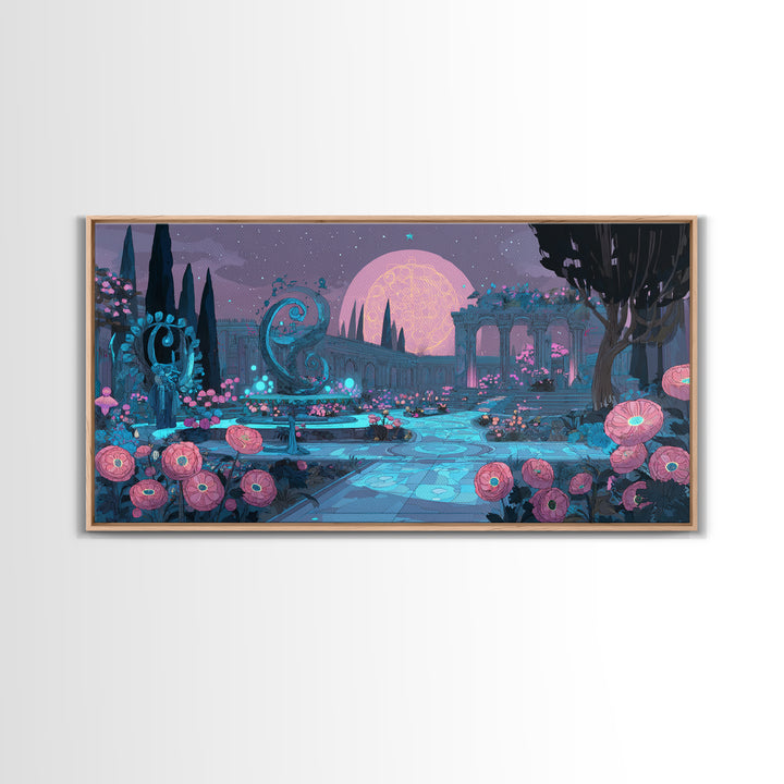 The Garden Of The Eyeless Moon, Synthwave Halloween Art, Wide Panoramic Art, Framed Canvas Print, Retro Halloween Decor, Neon Wall Art