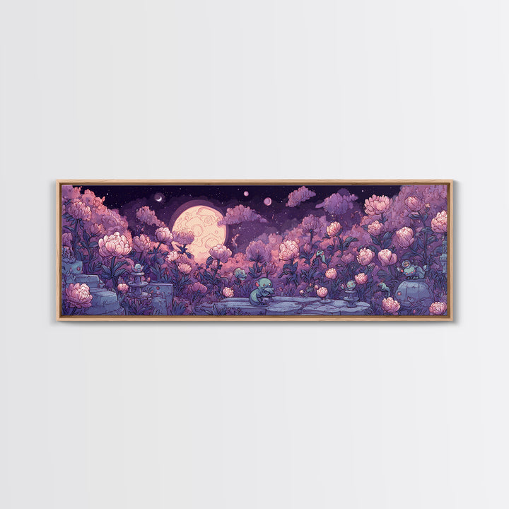The Garden Of The Eyeless Moon, Synthwave Halloween Art, Extra Wide Wall Art, Framed Canvas Print, Retro Halloween Decor, Neon Wall Art