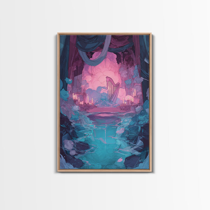 The Harpist Of Abyssal Sleep, Cute Eldritch Neon Art, Vertical Wall Art, Canvas Print, Retro Halloween Decor, Neon Wall Art