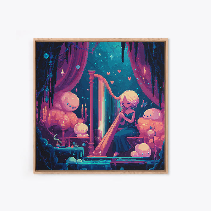 The Harpist Of Abyssal Sleep, Retro Neon Halloween Art, Square Wall Art, Framed Canvas Print, Retro Halloween Decor, Neon Wall Art