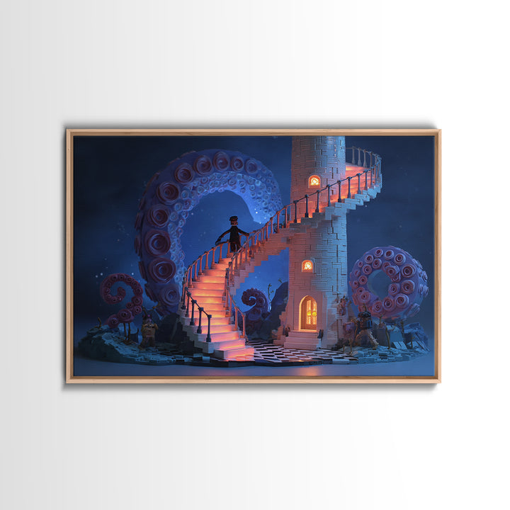 The Last Lighthouse Of Y’Ha-Nthlei, Cute Spooky Neon Art, Landscape Wall Art, Framed Canvas Print, Retro Halloween Decor, Neon Wall Art