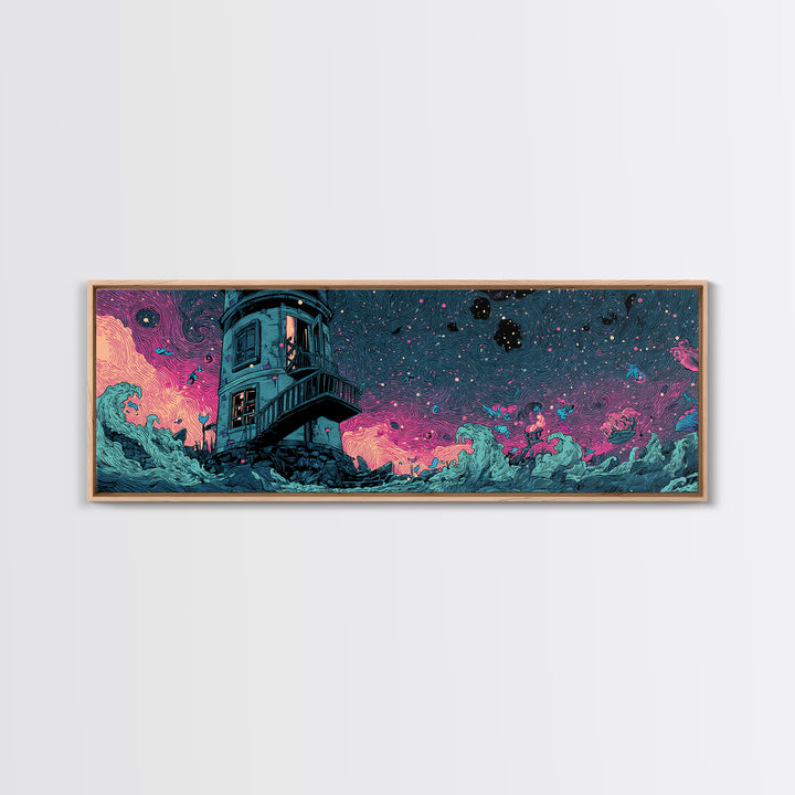 The Last Lighthouse Of Y’Ha-Nthlei, Synthwave Halloween Art, Extra Wide Wall Art, Framed Canvas Print, Retro Halloween Decor, Neon Wall Art