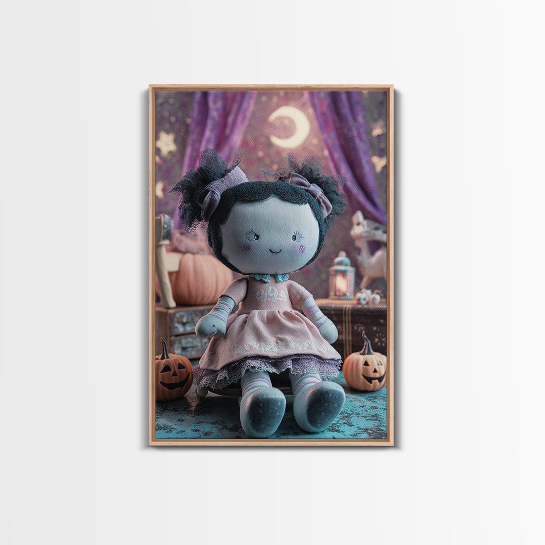 The Doll From Beyond The Void, Retro Neon Halloween Art, Vertical Wall Art, Framed Canvas Print, Retro Halloween Decor, Neon Wall Art