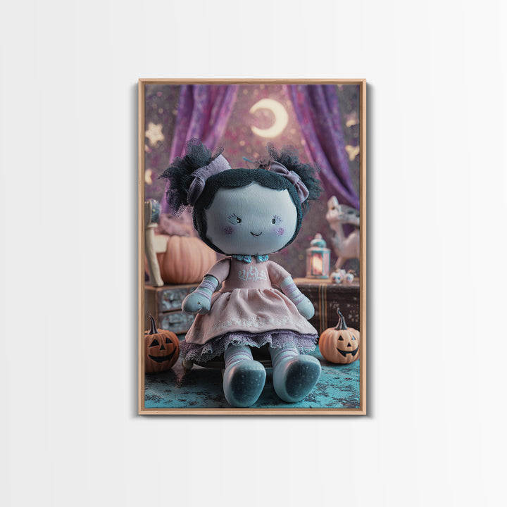 The Doll From Beyond The Void, Retro Neon Halloween Art, Vertical Wall Art, Framed Canvas Print, Retro Halloween Decor, Neon Wall Art