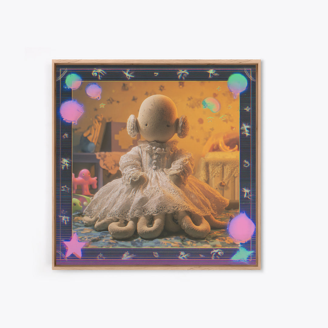 The Doll From Beyond The Void, Cosmic Synthwave Horror, Square Wall Art, Framed Canvas Print, Retro Halloween Decor, Neon Wall Art