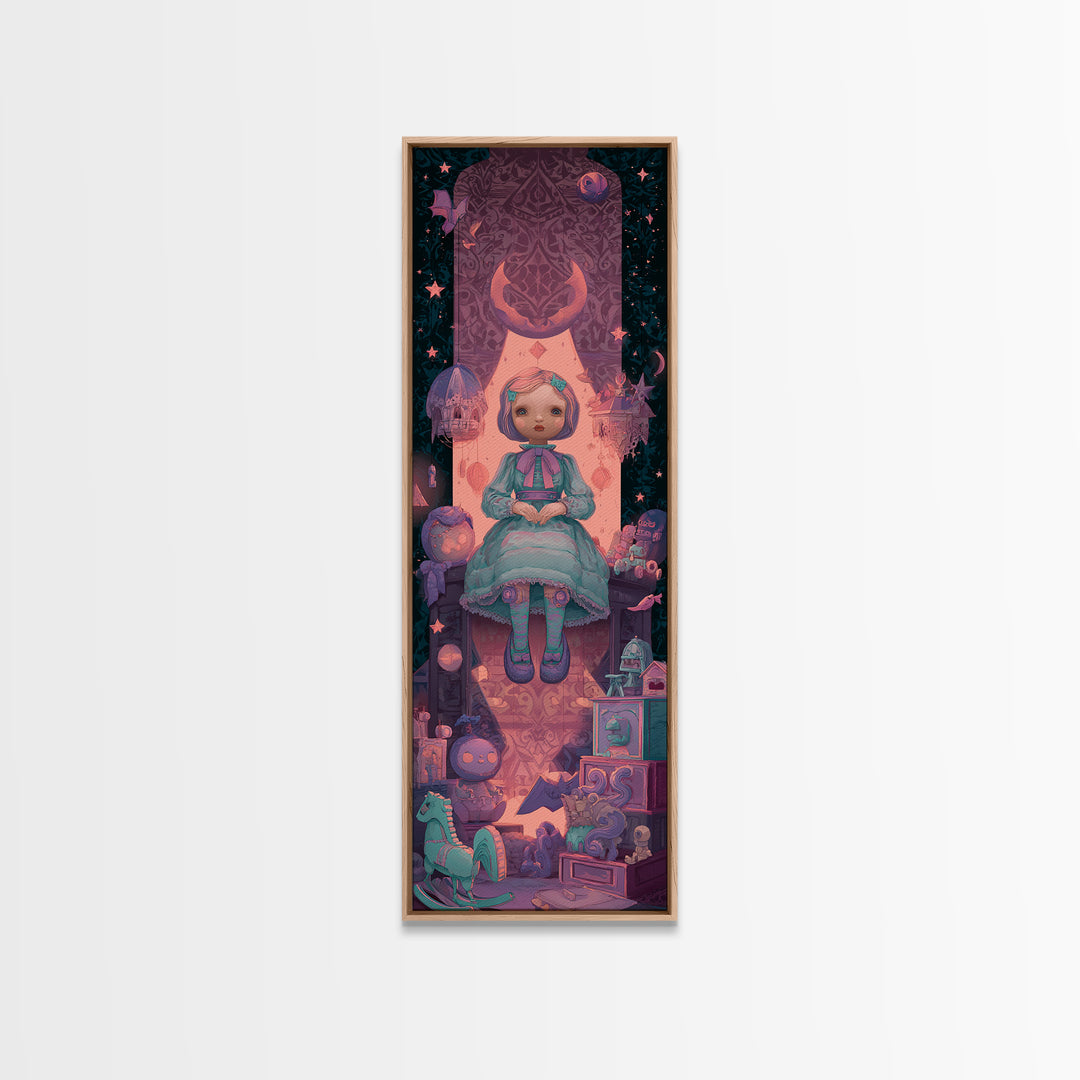 The Doll From Beyond The Void, 80s Halloween Wall Art, Tall Narrow Wall Art, Canvas Print, Retro Halloween Decor, Neon Wall Art