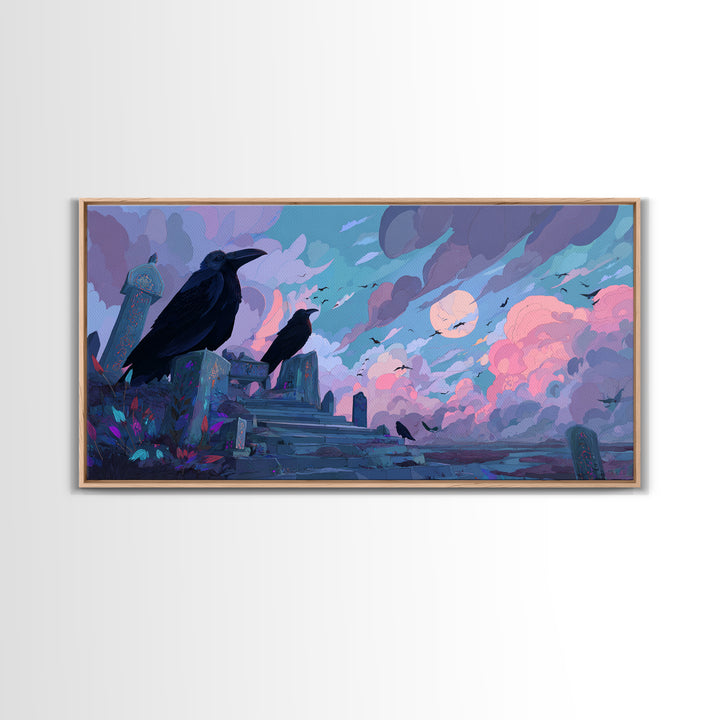 The Raven Sermon Of Leng, Cute Eldritch Neon Art, Wide Panoramic Art, Framed Canvas Print, Retro Halloween Decor, Neon Wall Art