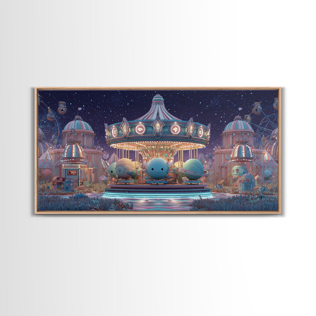 The Carousel Of Sleeping Planets, Retro Neon Halloween Art, Wide Panoramic Art, Canvas Print, Retro Halloween Decor, Neon Wall Art
