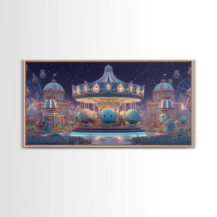 The Carousel Of Sleeping Planets, Retro Neon Halloween Art, Wide Panoramic Art, Canvas Print, Retro Halloween Decor, Neon Wall Art