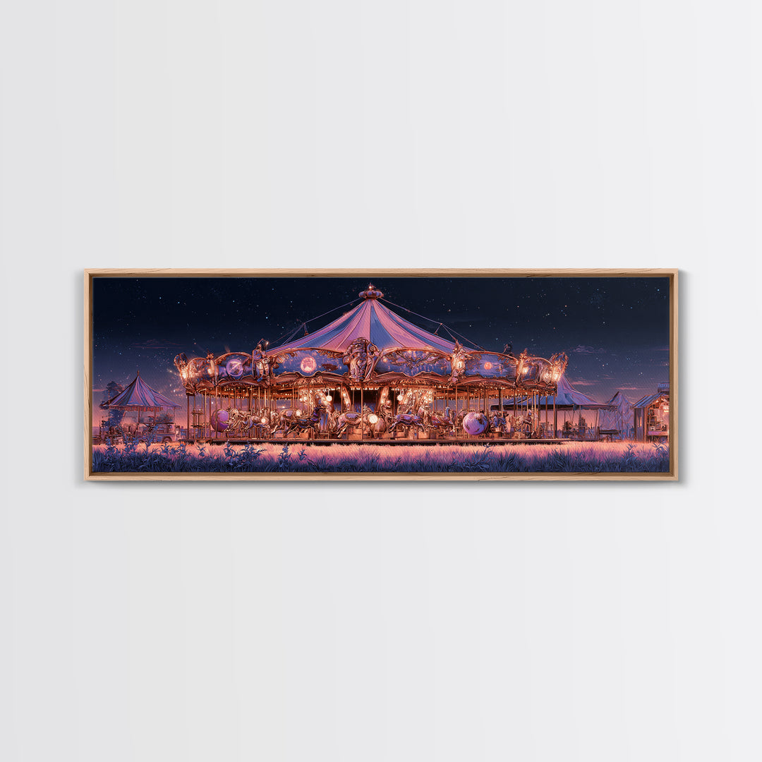The Carousel Of Sleeping Planets, Cosmic Synthwave Horror, Extra Wide Wall Art, Canvas Print, Retro Halloween Decor, Neon Wall Art
