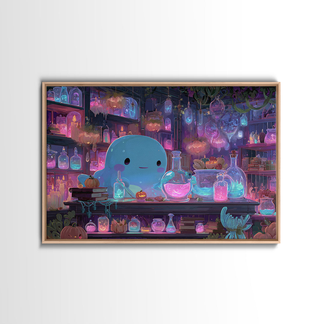 The Apothecary Of Black Seashell Dreams, Cosmic Synthwave Horror, Landscape Wall Art, Framed Canvas Print, Retro Halloween Decor