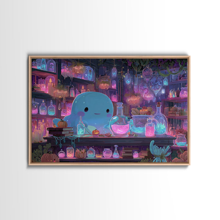 The Apothecary Of Black Seashell Dreams, Cosmic Synthwave Horror, Landscape Wall Art, Framed Canvas Print, Retro Halloween Decor