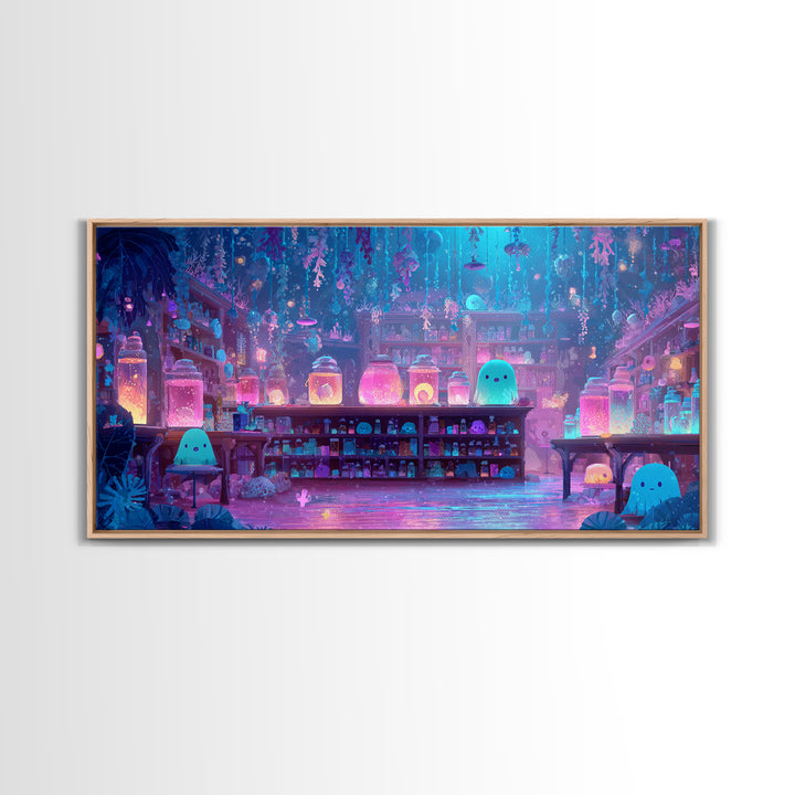 The Apothecary Of Black Seashell Dreams, Cute Eldritch Neon Art, Wide Panoramic Art, Canvas Print, Retro Halloween Decor, Neon Wall Art