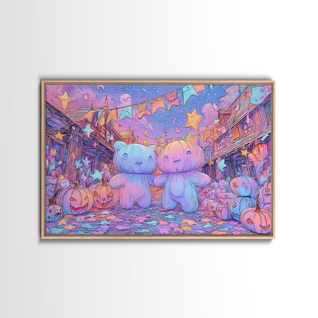 The Festival Of The Little Old Ones, Synthwave Halloween Art, Landscape Wall Art, Framed Canvas Print, Retro Halloween Decor, Neon Wall Art