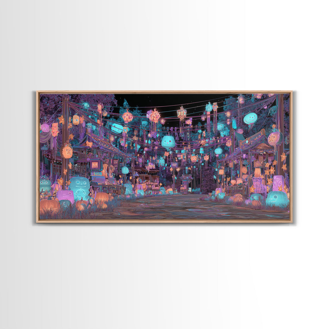 The Festival Of The Little Old Ones, Cute Eldritch Neon Art, Wide Panoramic Art, Canvas Print, Retro Halloween Decor, Neon Wall Art