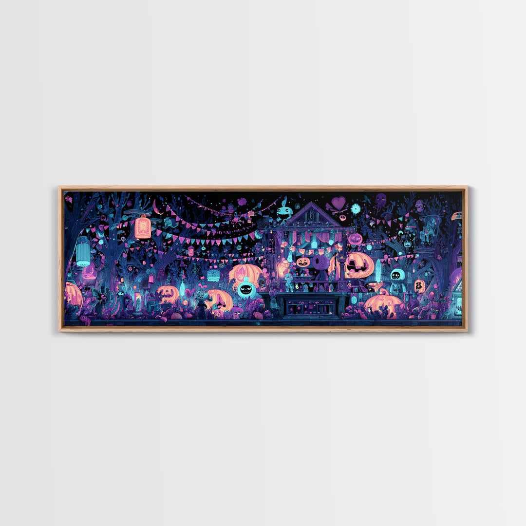 The Festival Of The Little Old Ones, Vaporwave Halloween Decor, Extra Wide Wall Art, Framed Canvas Print, Retro Halloween Decor