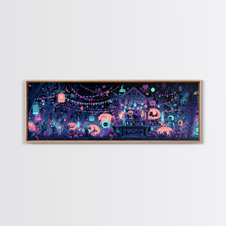 The Festival Of The Little Old Ones, Vaporwave Halloween Decor, Extra Wide Wall Art, Framed Canvas Print, Retro Halloween Decor
