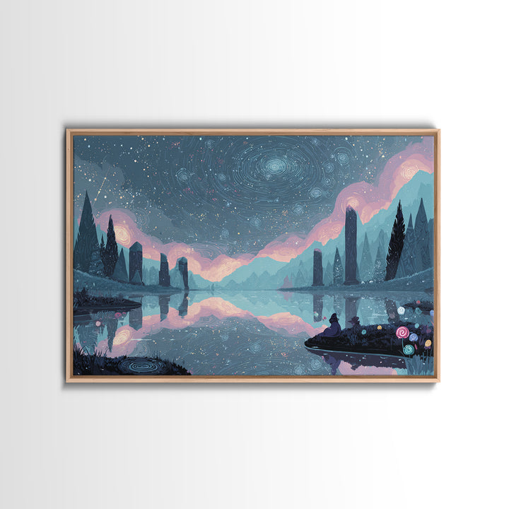 The Mirror Lake Of Lost Constellations, 80s Halloween Wall Art, Landscape Wall Art, Framed Canvas Print, Retro Halloween Decor
