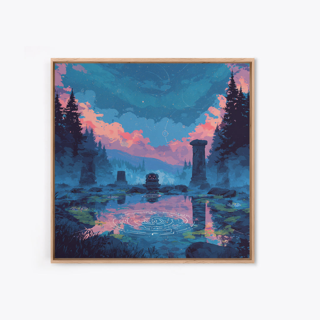 The Mirror Lake Of Lost Constellations, 80s Halloween Wall Art, Square Wall Art, Canvas Print, Retro Halloween Decor, Neon Wall Art