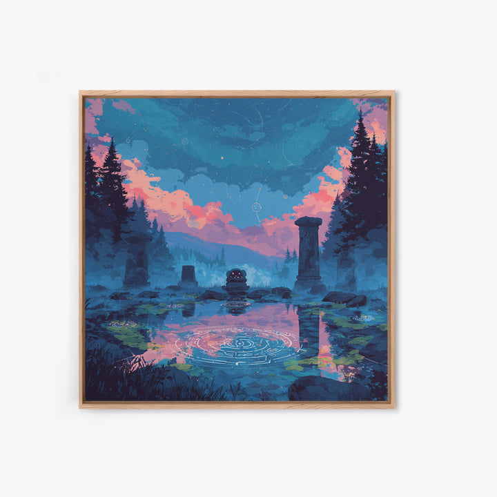 The Mirror Lake Of Lost Constellations, 80s Halloween Wall Art, Square Wall Art, Canvas Print, Retro Halloween Decor, Neon Wall Art