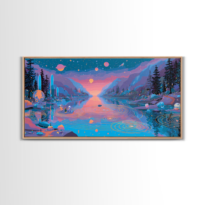 The Mirror Lake Of Lost Constellations, Synthwave Halloween Art, Wide Panoramic Art, Framed Canvas Print, Retro Halloween Decor