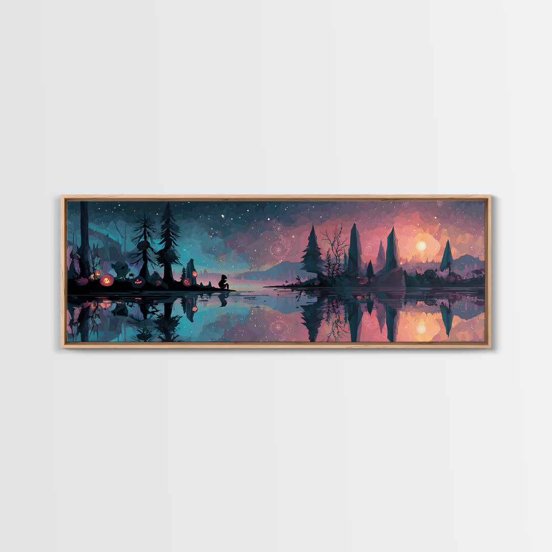 The Mirror Lake Of Lost Constellations, Cosmic Synthwave Horror, Extra Wide Wall Art, Framed Canvas Print, Retro Halloween Decor