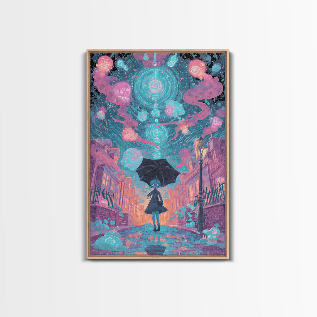 The Umbrella Of The Outer Rain, Retro Neon Halloween Art, Vertical Wall Art, Framed Canvas Print, Retro Halloween Decor, Neon Wall Art