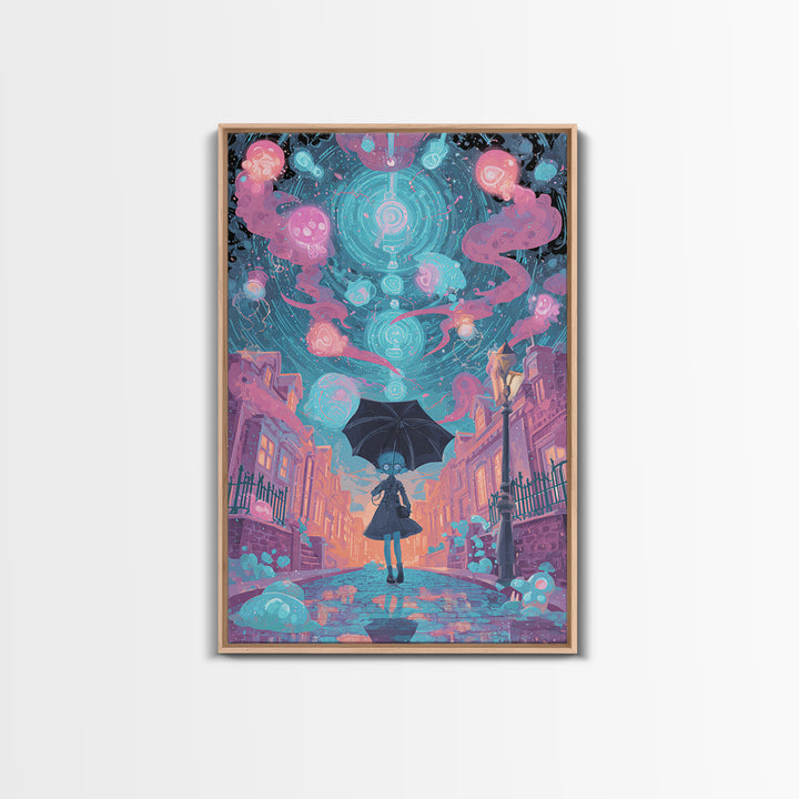 The Umbrella Of The Outer Rain, Retro Neon Halloween Art, Vertical Wall Art, Framed Canvas Print, Retro Halloween Decor, Neon Wall Art