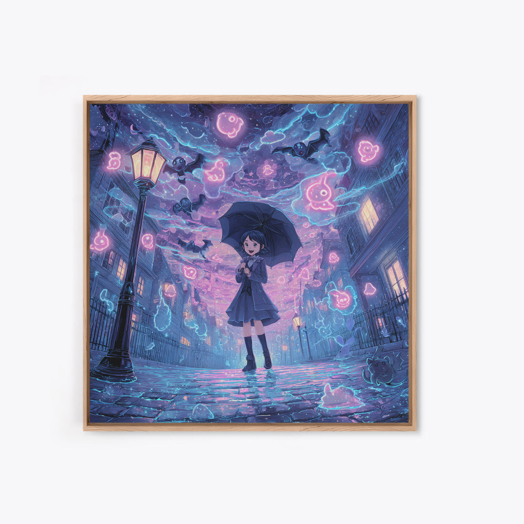 The Umbrella Of The Outer Rain, Cute Spooky Neon Art, Square Wall Art, Canvas Print, Retro Halloween Decor, Neon Wall Art