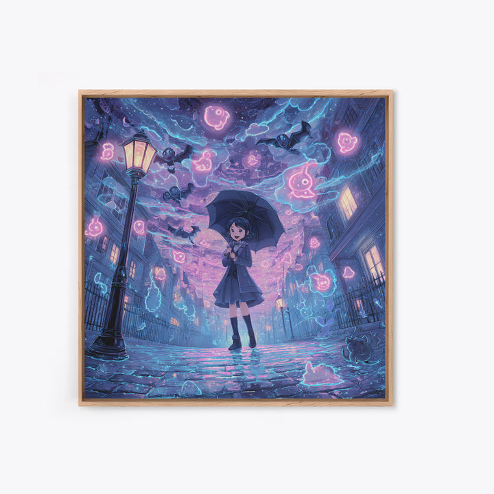 The Umbrella Of The Outer Rain, Cute Spooky Neon Art, Square Wall Art, Canvas Print, Retro Halloween Decor, Neon Wall Art