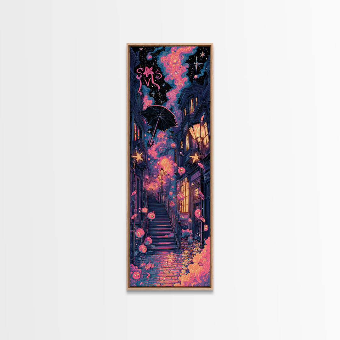 The Umbrella Of The Outer Rain, Cute Spooky Neon Art, Tall Narrow Wall Art, Canvas Print, Retro Halloween Decor, Neon Wall Art