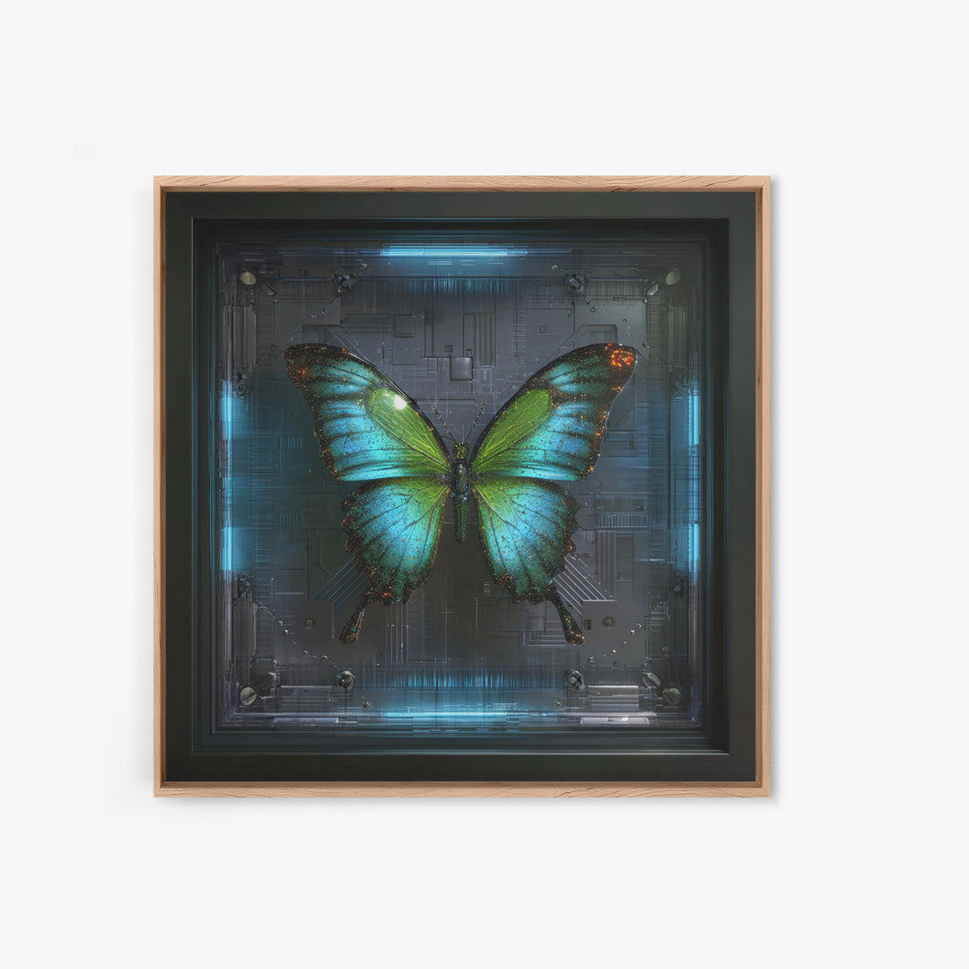 Holographic Butterfly over Black Metal Surface Canvas Print, Cyberpunk Art, Japanese Art, Living Room Decor, Fine Art, Neon, CYB-1x1-19
