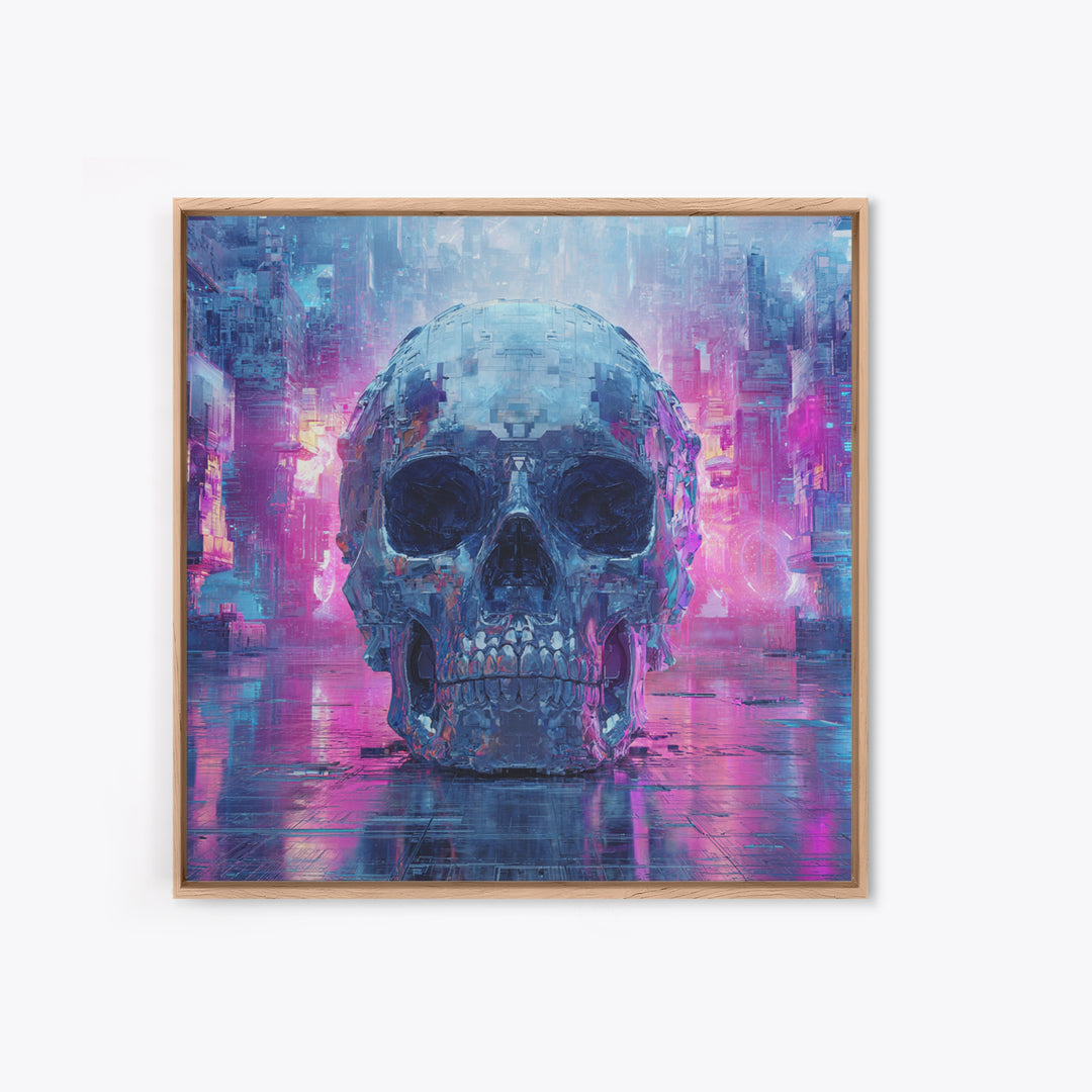 Cyberpunk Skull with Chrome and Violet Light Canvas Print, Cyberpunk Art, Art Print, Living Room Decor, Fine Art, Neon, CYB-1x1-20