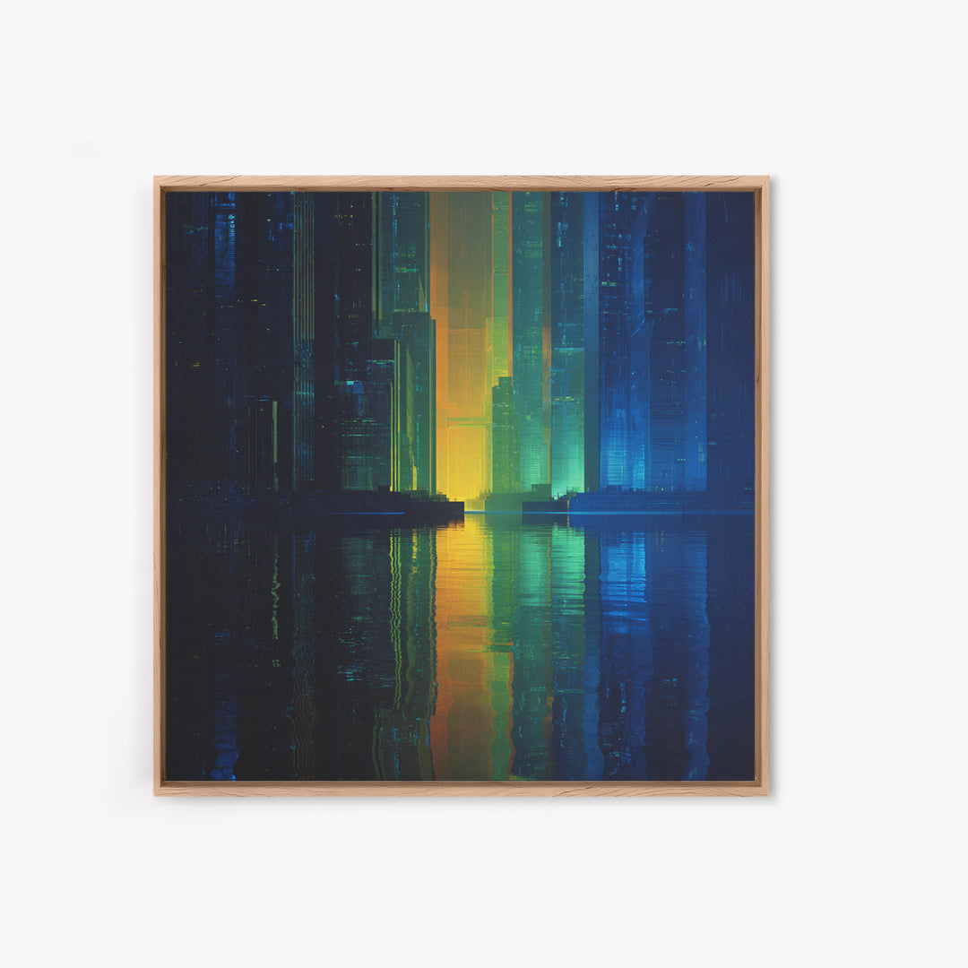 Neon Skyline Reflected Canvas Print, Cyberpunk Art, Man Cave Decor, Living Room Decor, Fine Art, Neon, Fine Art Print, CYB-1x1-22
